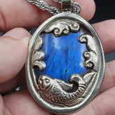 BIG MEN'S VINTAGE Natural Blue Fire Labradorite Mix SILVER Pendant Necklace